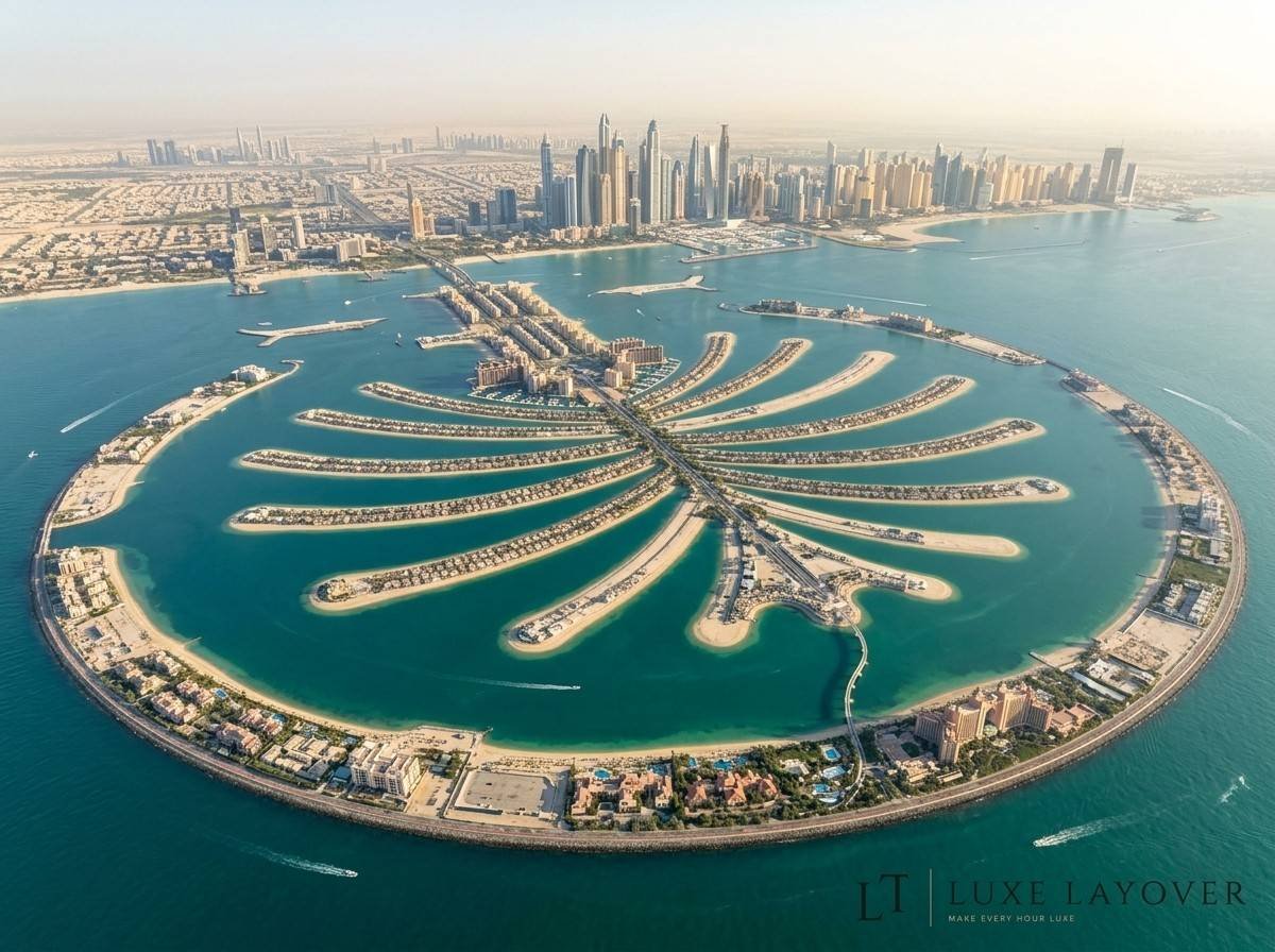 Aerial view of the palm-shaped Palm Jumeirah island with Atlantis resort at its tip