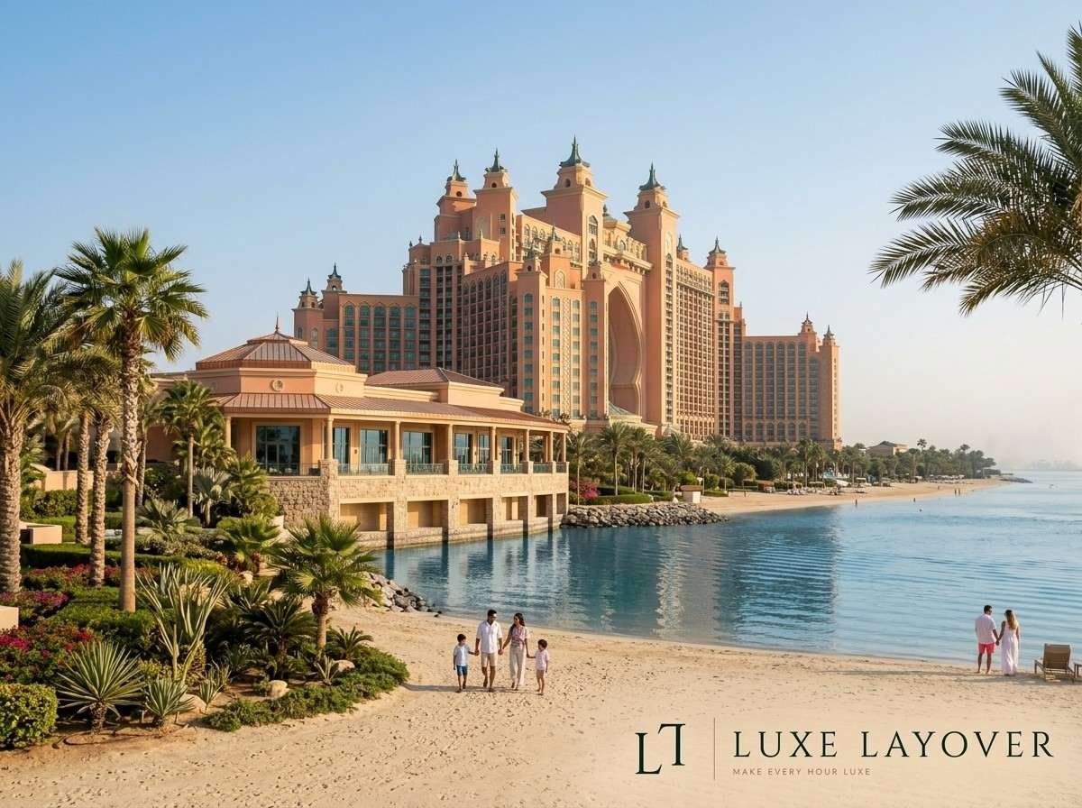 The Atlantis The Palm resort building lit up at sunset with its arch silhouette