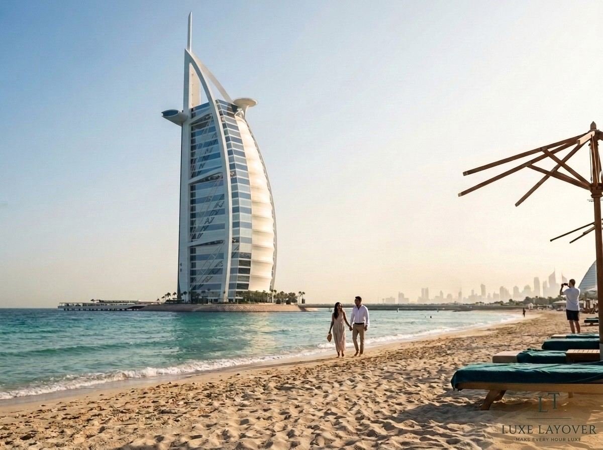 The sail-shaped Burj Al Arab hotel lit up at dusk with a yacht in the foreground