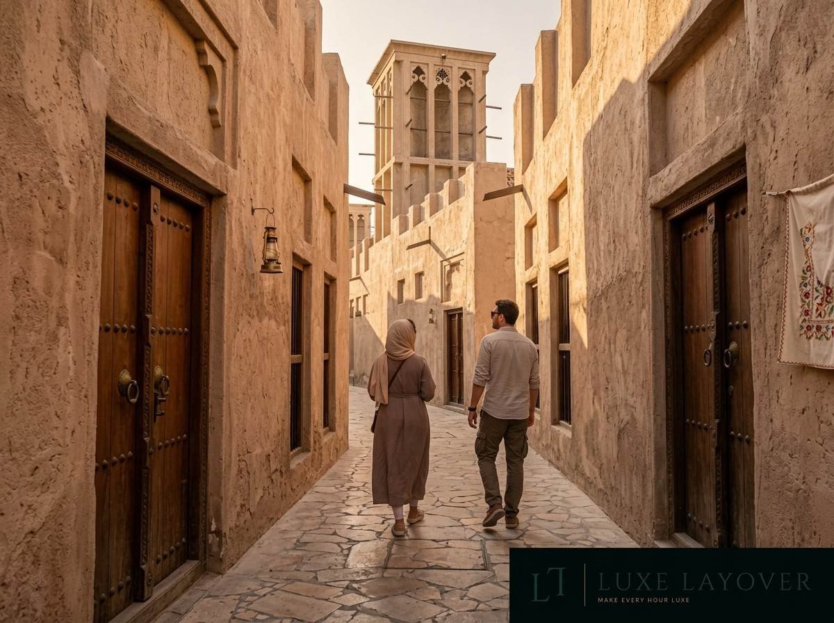 A narrow lane between traditional wind-tower buildings in Al Fahidi Historical Neighbourhood