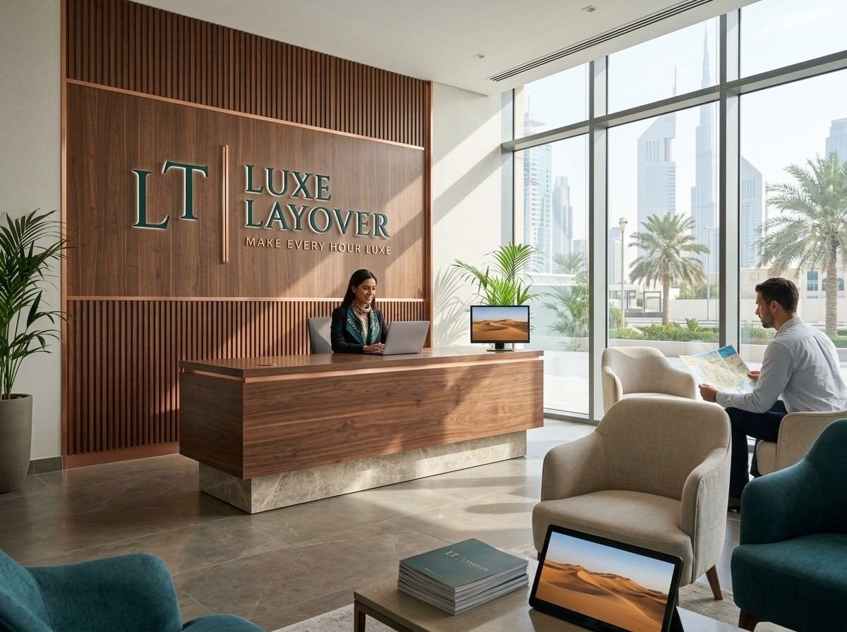 Corporate office reception area with modern furnishings and branded signage