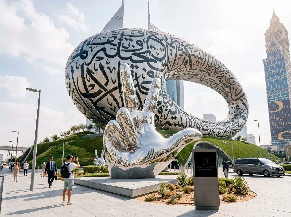 The elliptical Museum of the Future building with Arabic calligraphy on its facade