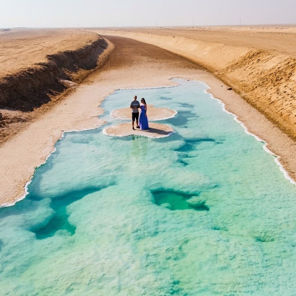 A couple standing on a white salt formation island surrounded by turquoise water at Al Wathba Salt