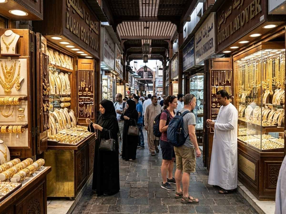 A visitor photographing gold jewellery displays inside the Dubai Gold Souk