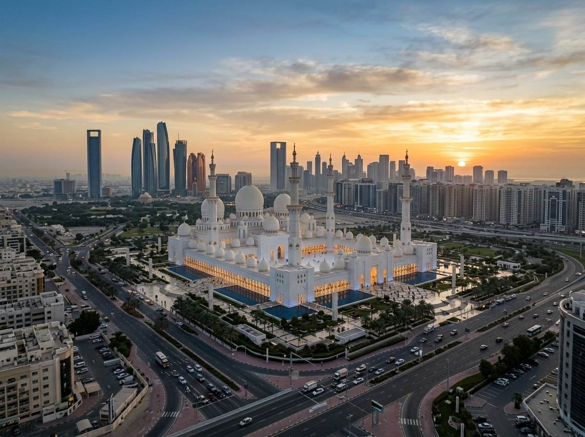 Aerial sunrise view of Sheikh Zayed Grand Mosque