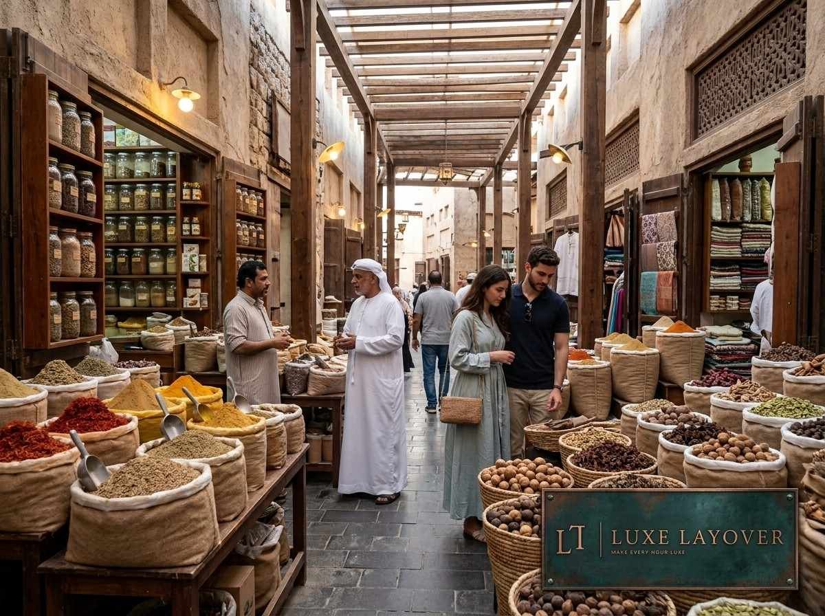 Shoppers browsing colourful spice displays at the Dubai Spice Souk