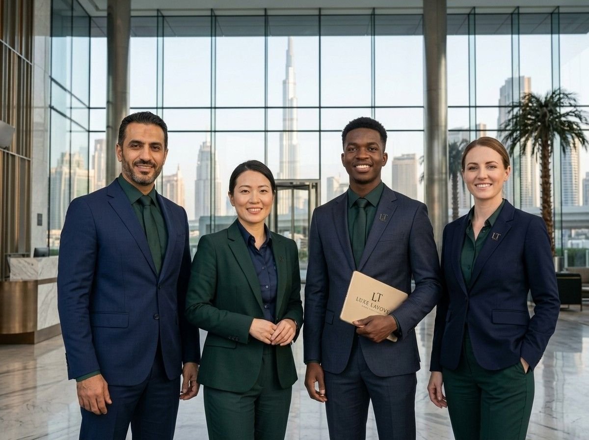 Tour company staff standing together in a modern office lobby
