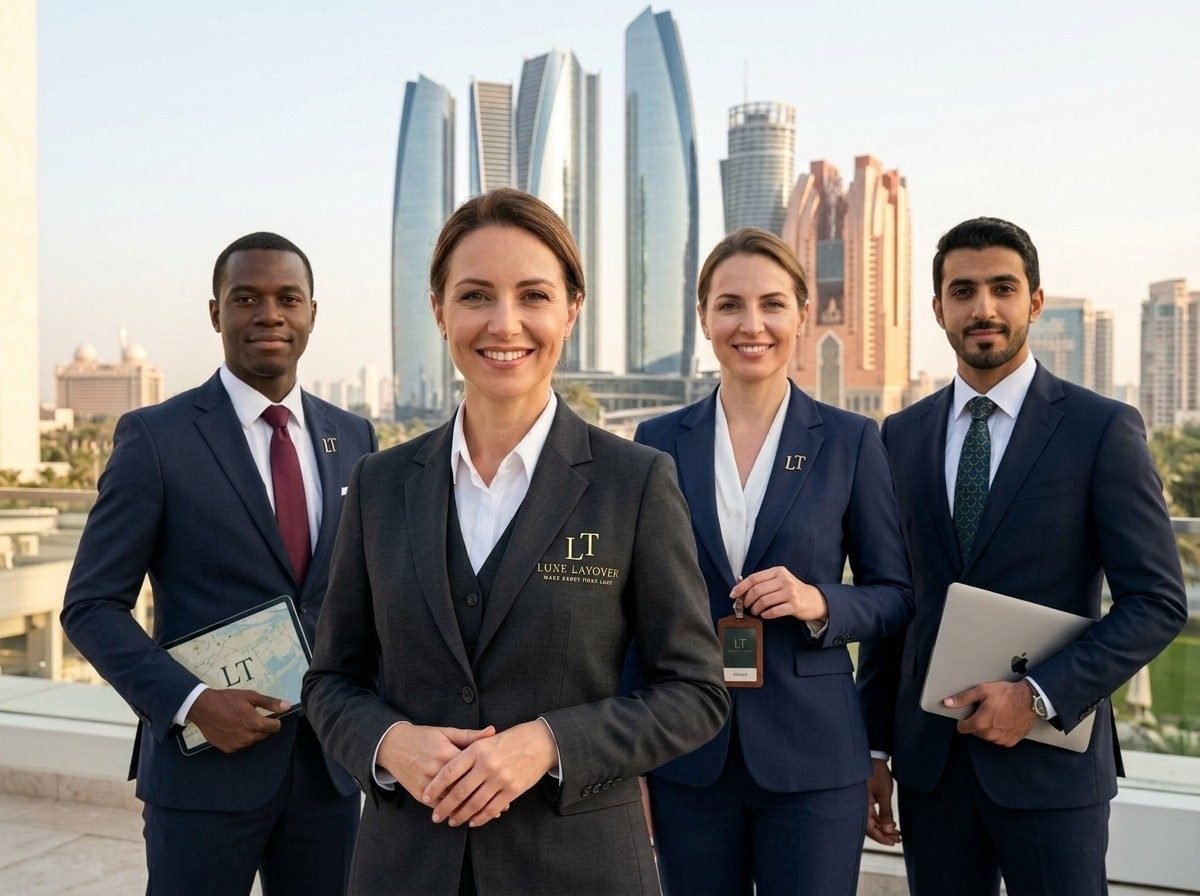 Tour company staff in business attire posing together
