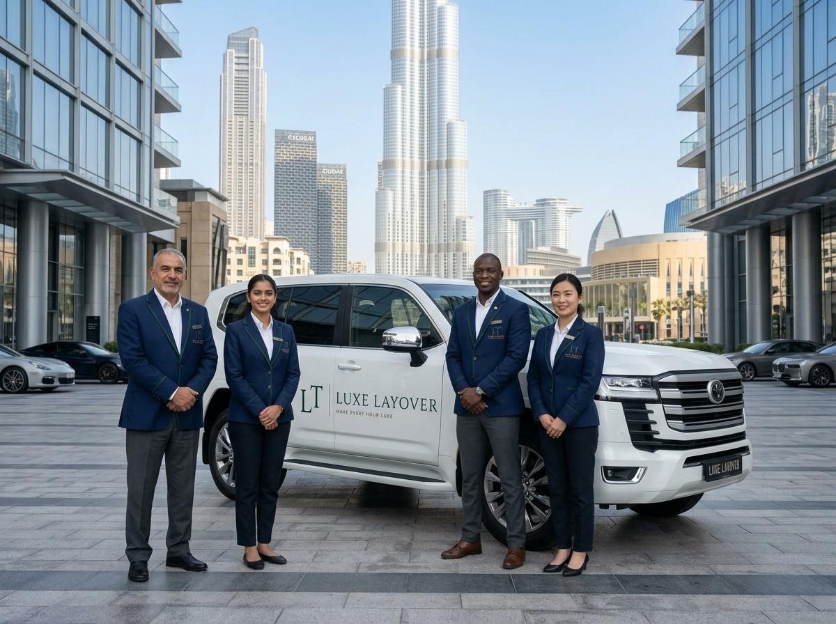 Tour guides standing beside a Toyota Land Cruiser tour vehicle