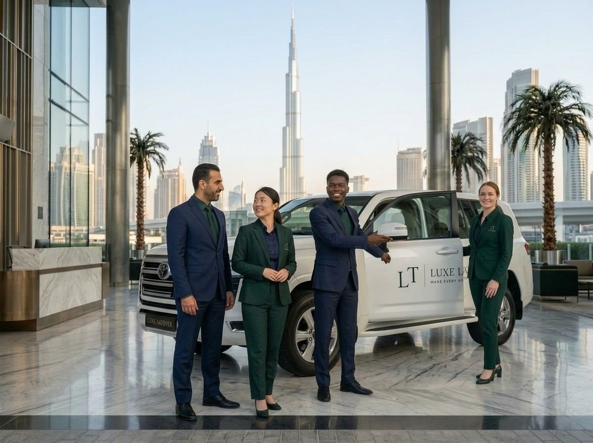 Tour staff standing next to a branded tour vehicle