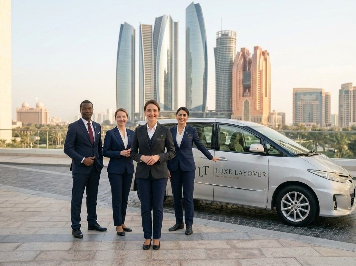 Tour staff standing beside a Toyota Previa passenger van