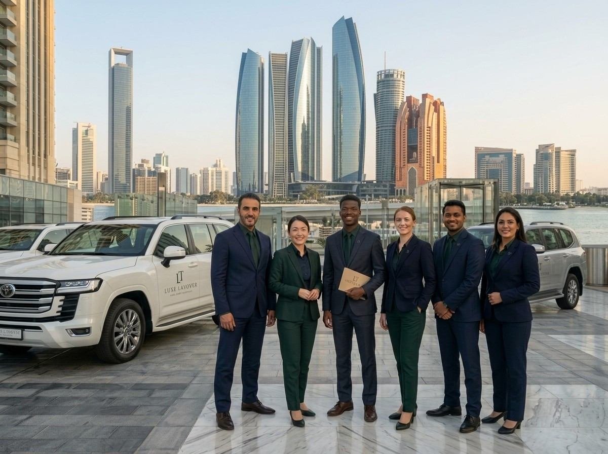 Tour guides standing in front of a row of tour vehicles
