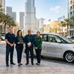 Tour guides standing by van