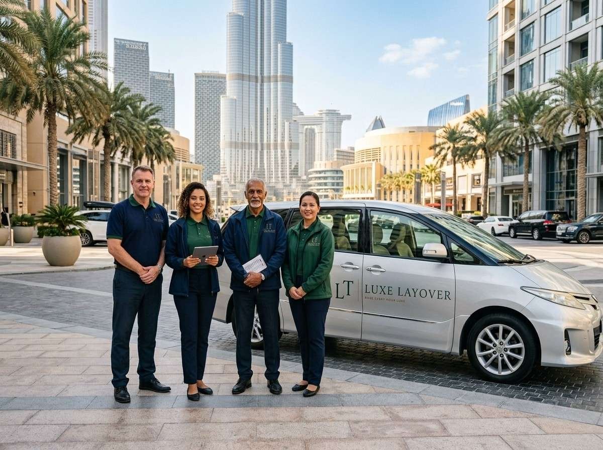 Tour guides standing next to a passenger van