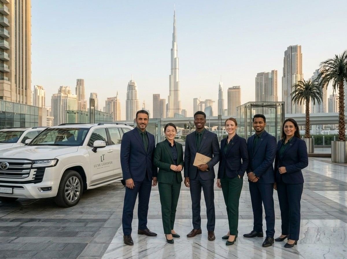 Tour guides standing beside several tour vehicles