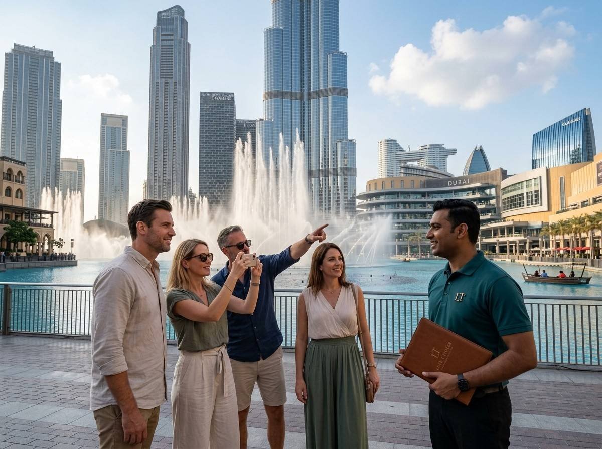 Tourists watching the Dubai Fountain show near Burj Khalifa