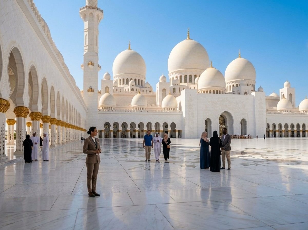 Tourists walking through the courtyard of Sheikh Zayed Grand Mosque