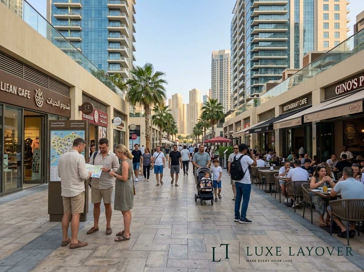 Tourists walking along the Jumeirah Beach Residence (JBR) promenade