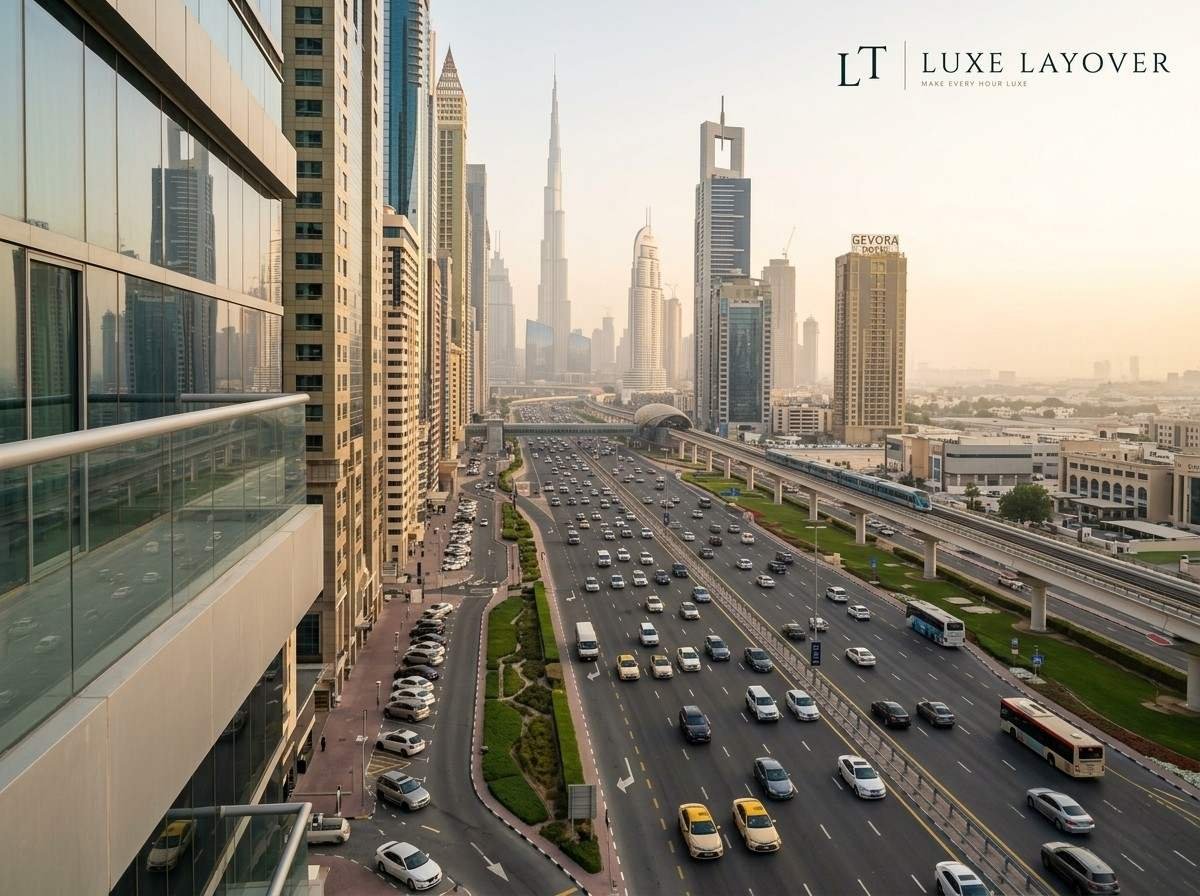 Cars and buses travelling along a multi-lane Dubai highway with the skyline in view