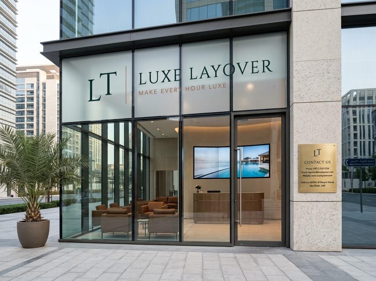 Exterior view of a travel office building entrance