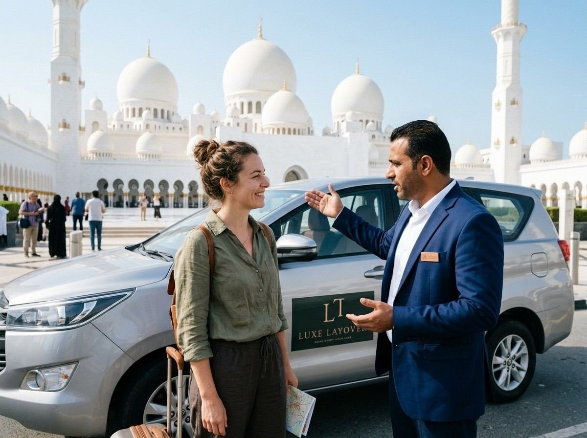 A traveller speaking with a uniformed tour guide