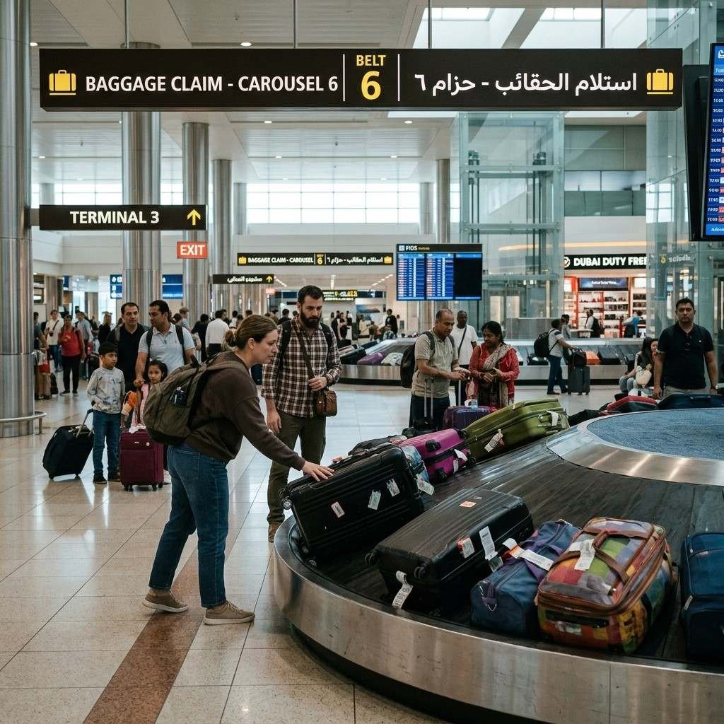 Travelers collecting luggage at baggage claim, Dubai International Airport