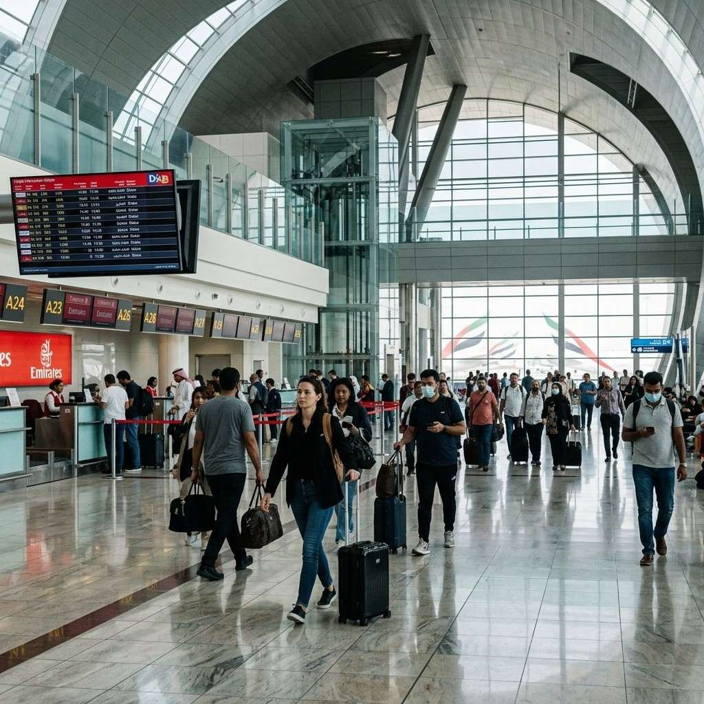 Travelers walking through the terminal at Dubai International Airport