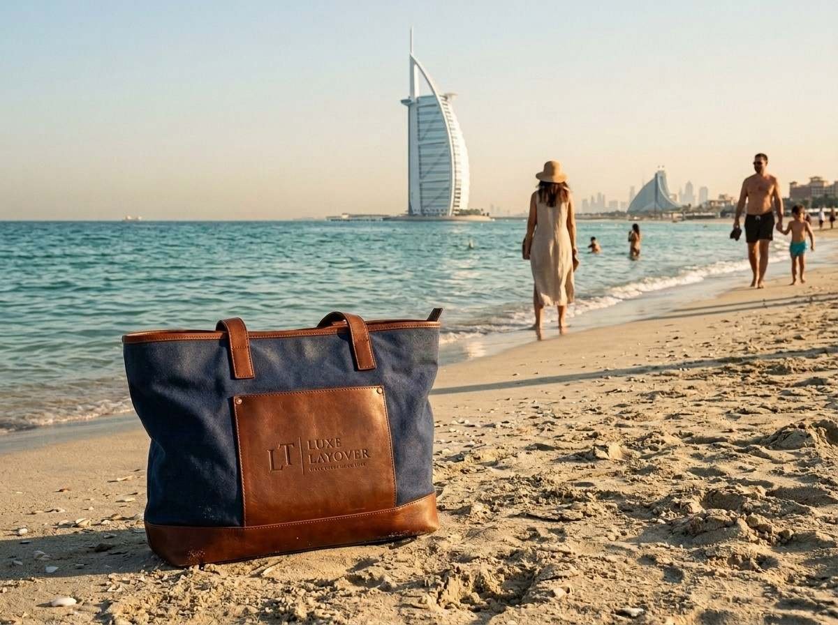 Visitors relaxing on Jumeirah Beach with the coastline in view