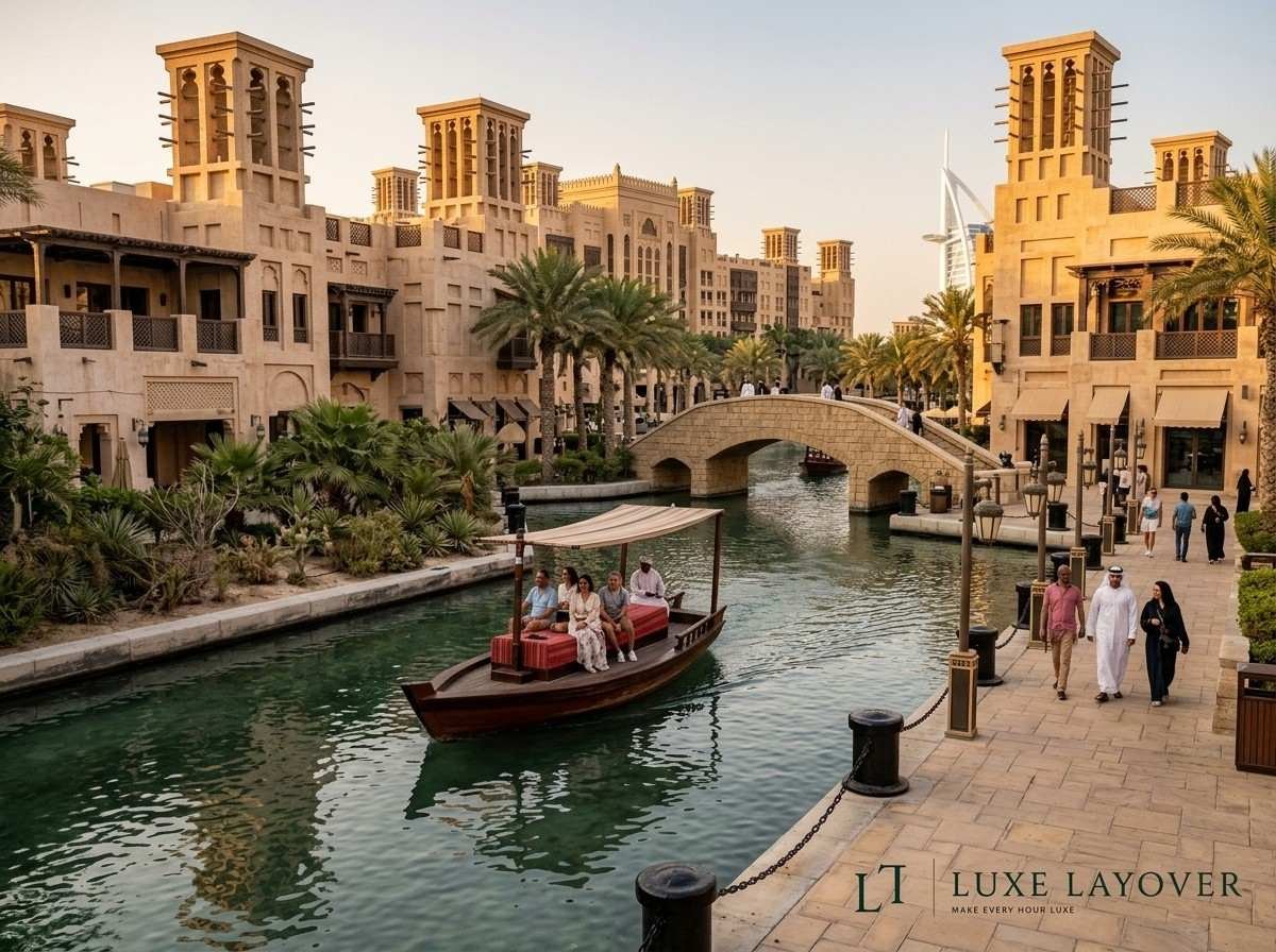 Visitors walking through the waterside walkways of Madinat Jumeirah