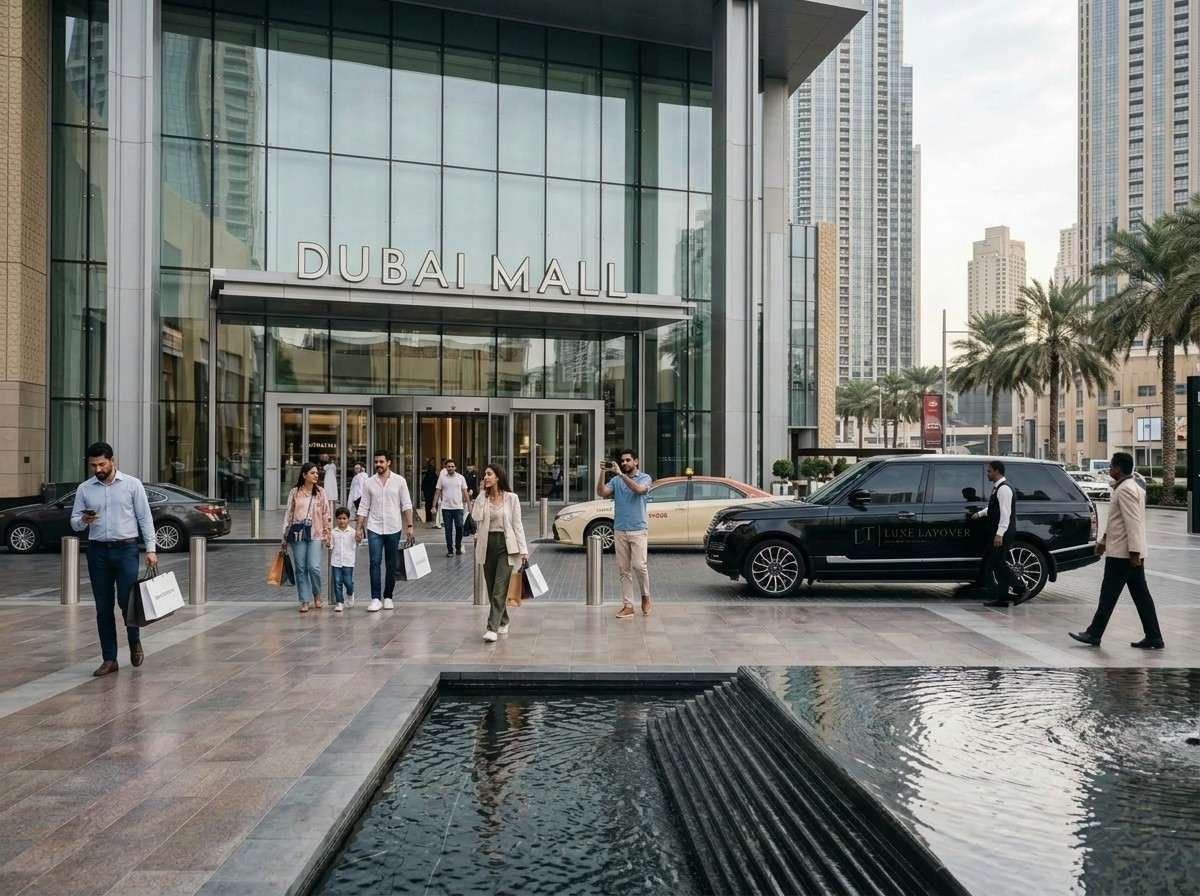 Visitors standing outside the entrance of Dubai Mall