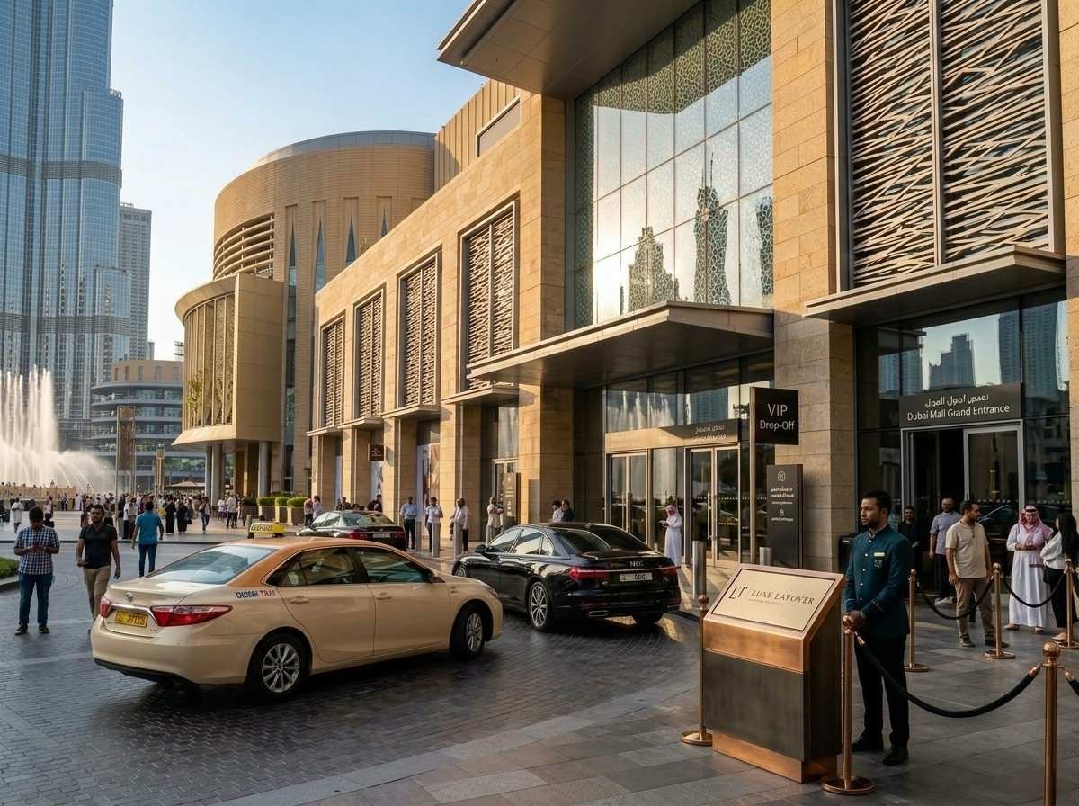 Another view of visitors near the Dubai Mall entrance at dusk