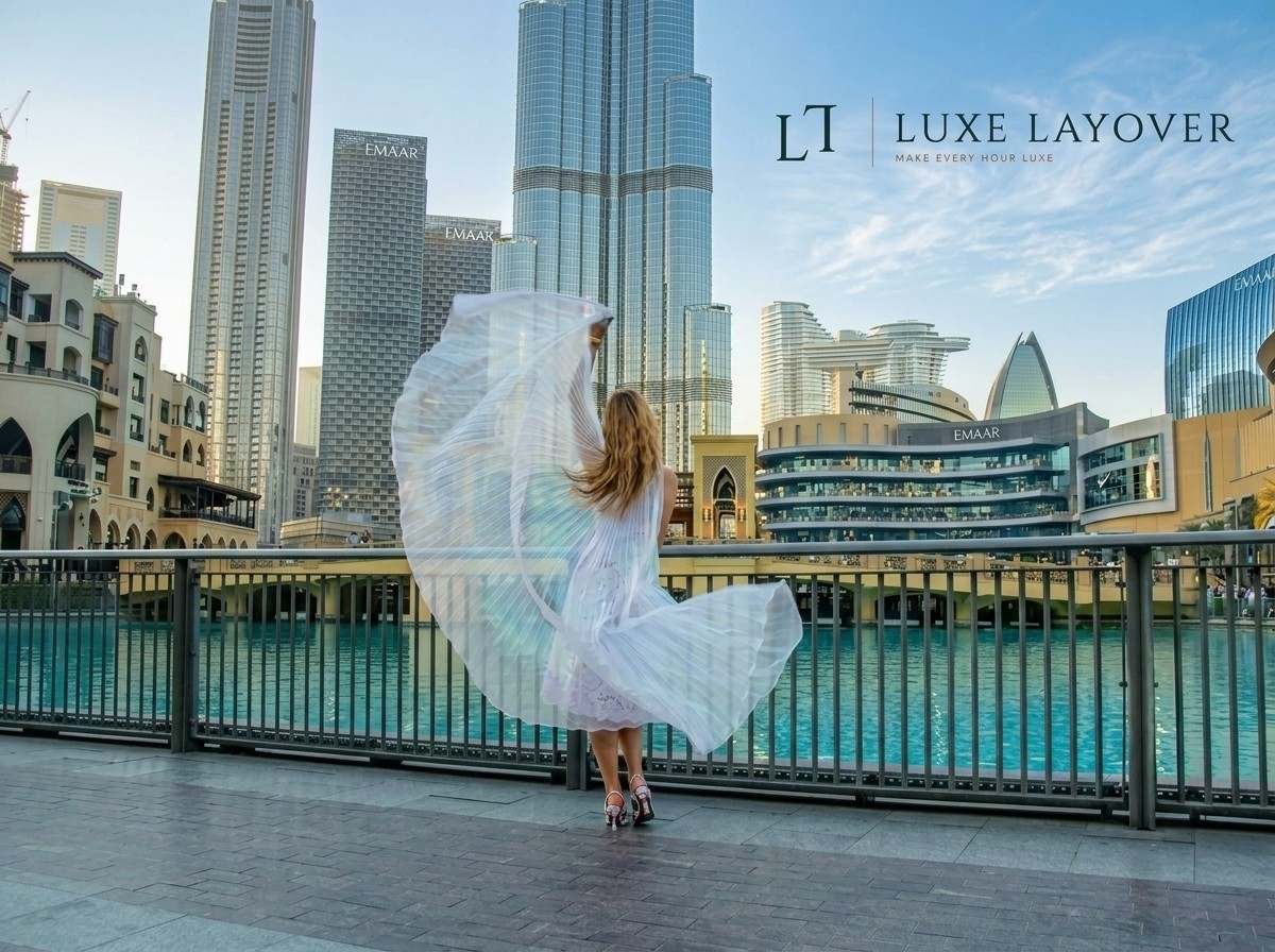 A woman in flowing white dress posing with the Dubai skyline and Burj Khalifa in the background at