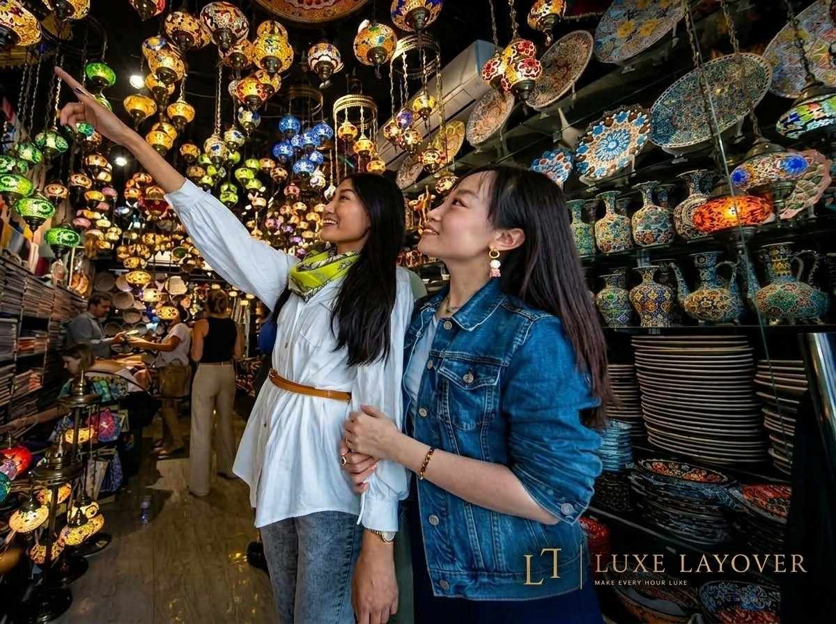 Two women admiring colourful hanging lanterns and lamps at a souk stall