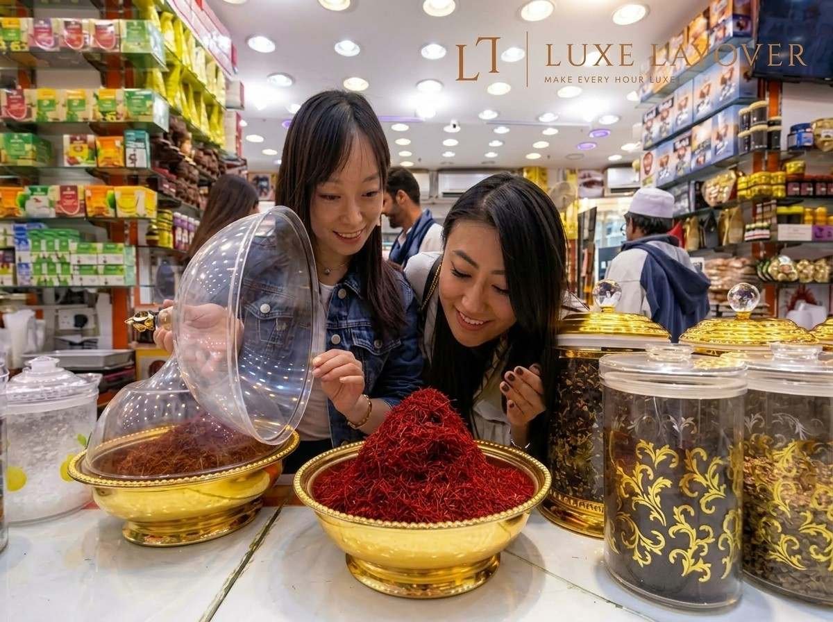 Two women closely examining saffron and spice displays at a souk stall