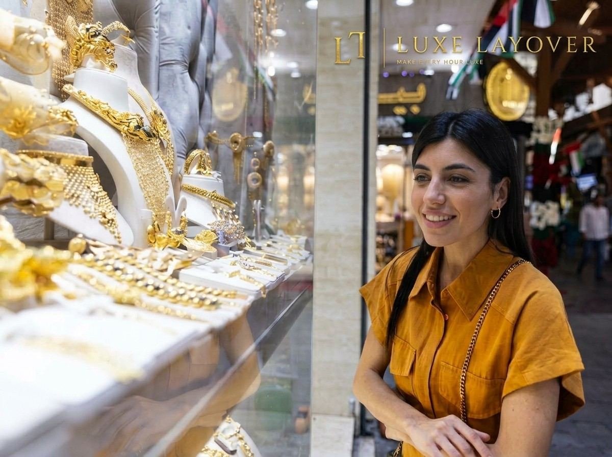 A woman browsing gold jewellery at a display counter inside a gold souq