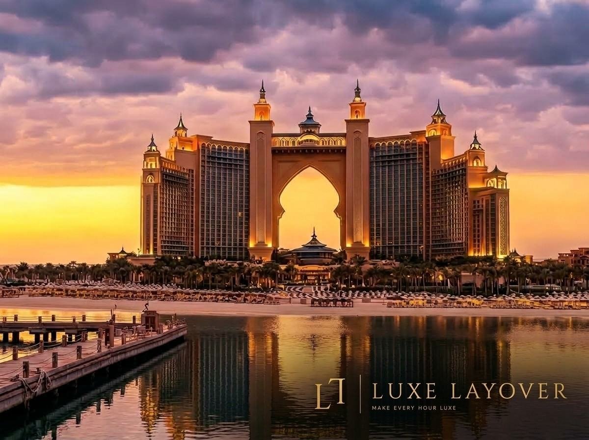 Atlantis The Palm resort reflected in water at golden hour
