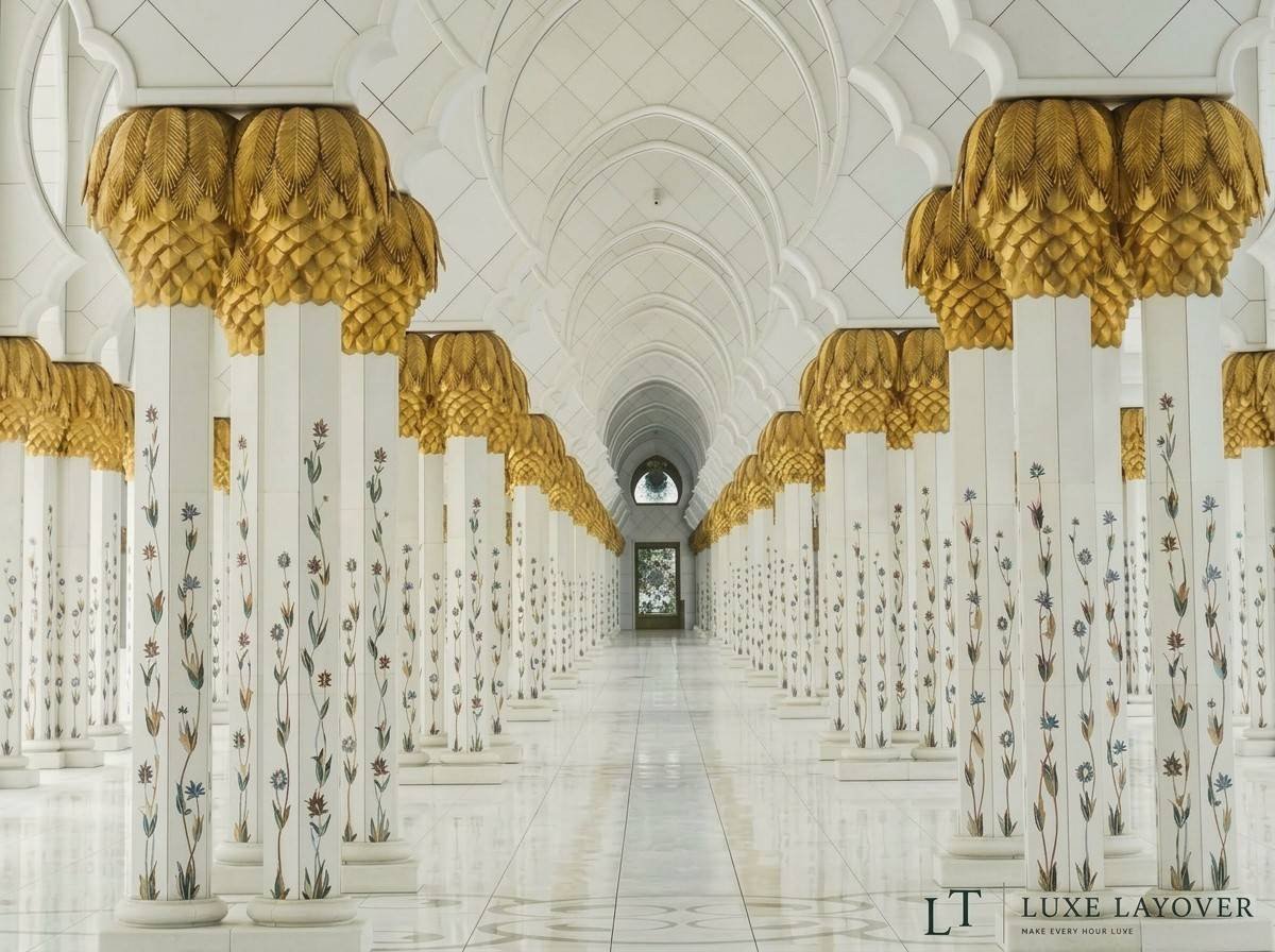 Rows of ornate white and gold columns inside Sheikh Zayed Grand Mosque leading to an inner hall