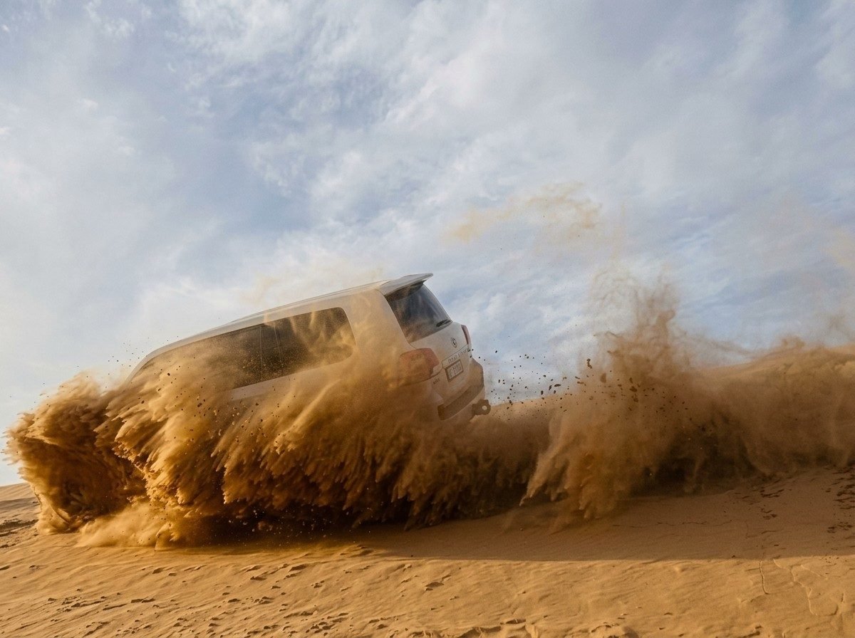 A 4x4 vehicle kicking up a large cloud of sand while dune bashing in the desert