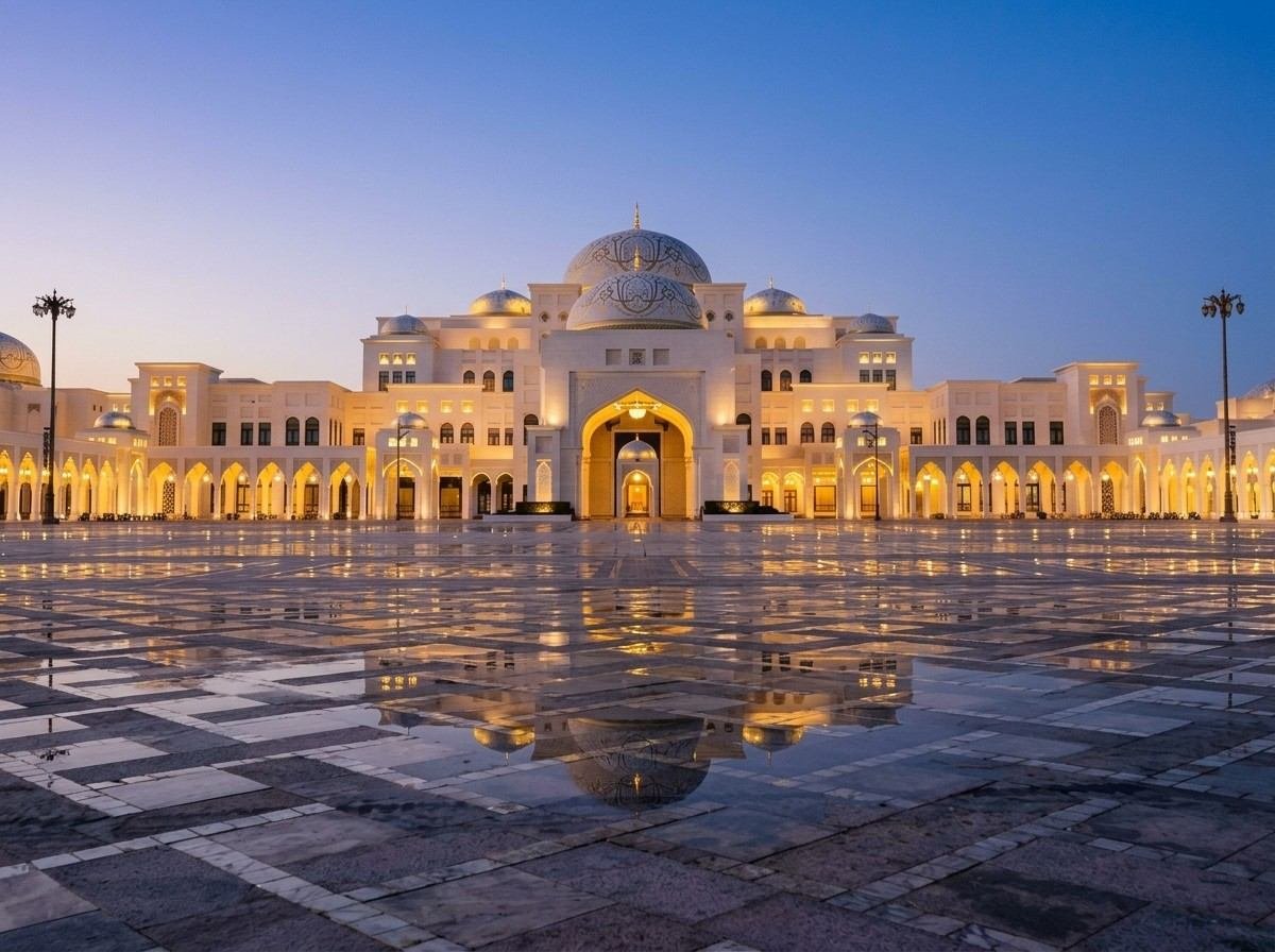 Qasr Al Watan presidential palace under a bright blue sky, reflected on the marble plaza