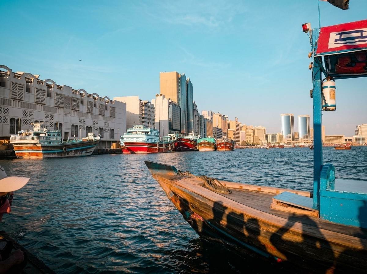Traditional abra boats moored along Dubai Creek with the modern city skyline behind