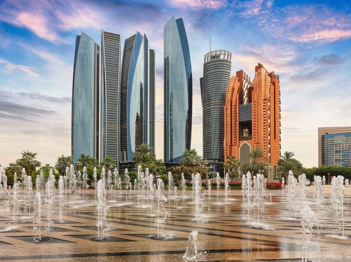 The Etihad Towers skyscrapers with illuminated fountains in the foreground at dusk