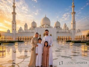 A family in traditional white dress standing together in the mosque's reflective courtyard