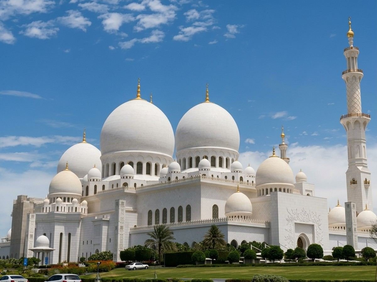 Sheikh Zayed Grand Mosque's white domes and minarets under blue sky with green lawns in front