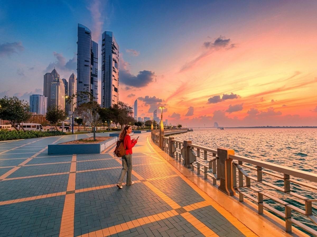 A person walking along the Corniche promenade with the skyline glowing at sunset