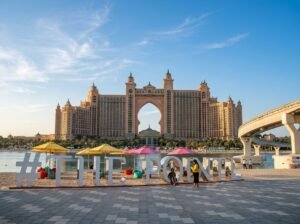 Atlantis The Palm resort seen behind a large illuminated Dubai-themed sign with visitors nearby
