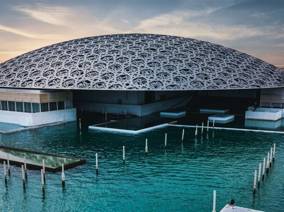 A low-angle view of the Louvre Abu Dhabi's perforated dome from the waterside walkway