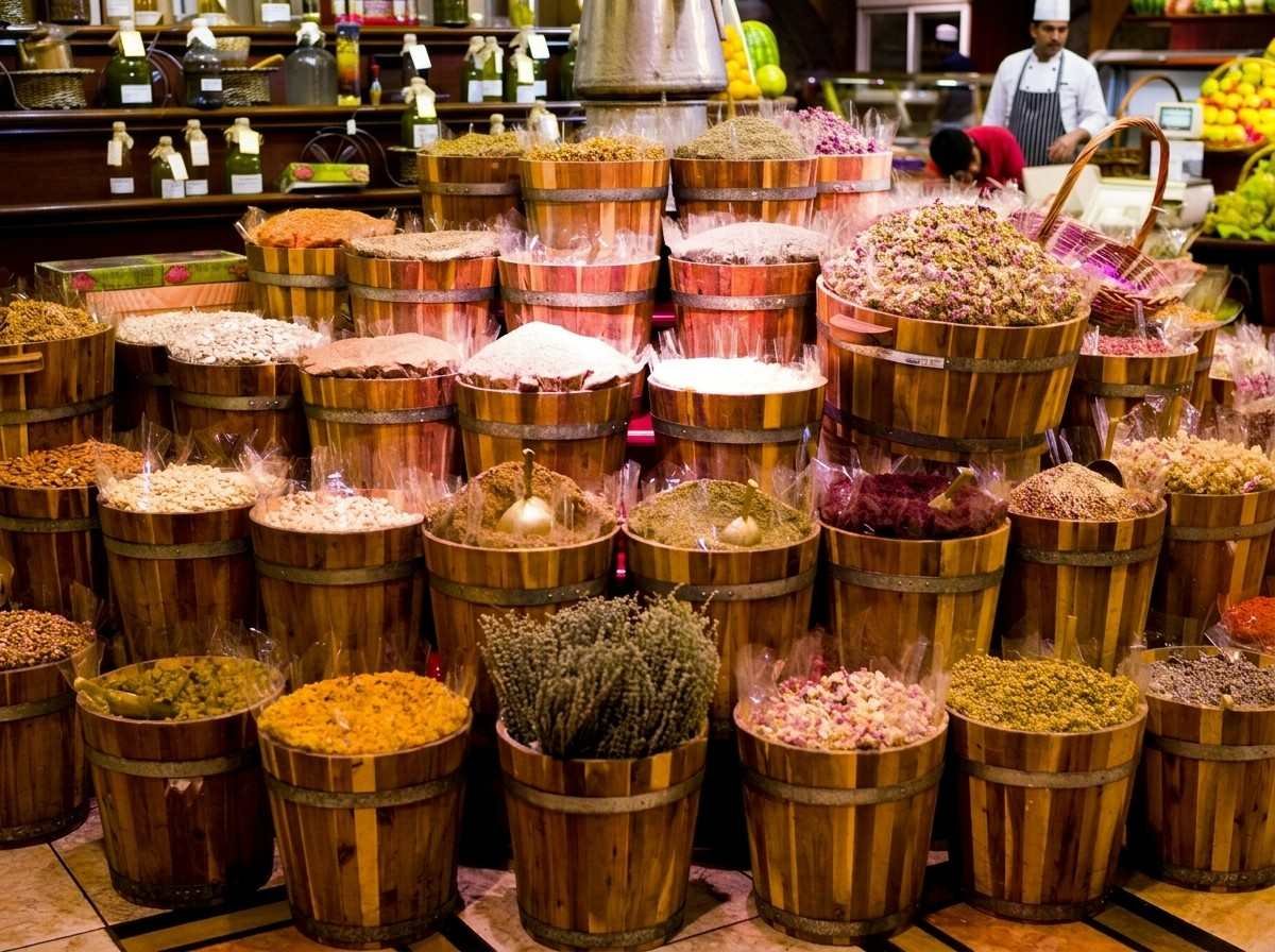 Wooden barrels filled with assorted spices displayed at a traditional souk