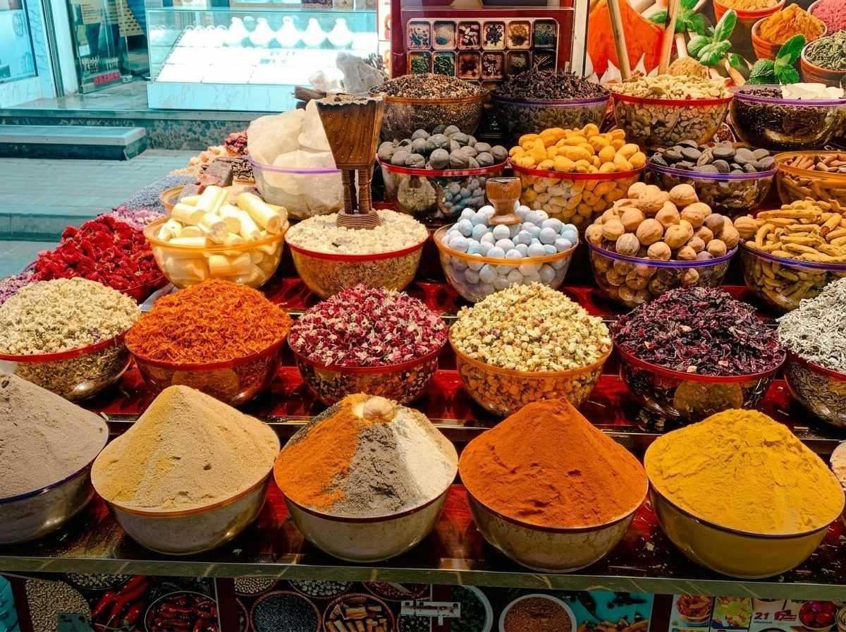 Rows of colourful ground spices displayed in bowls at a souk stall