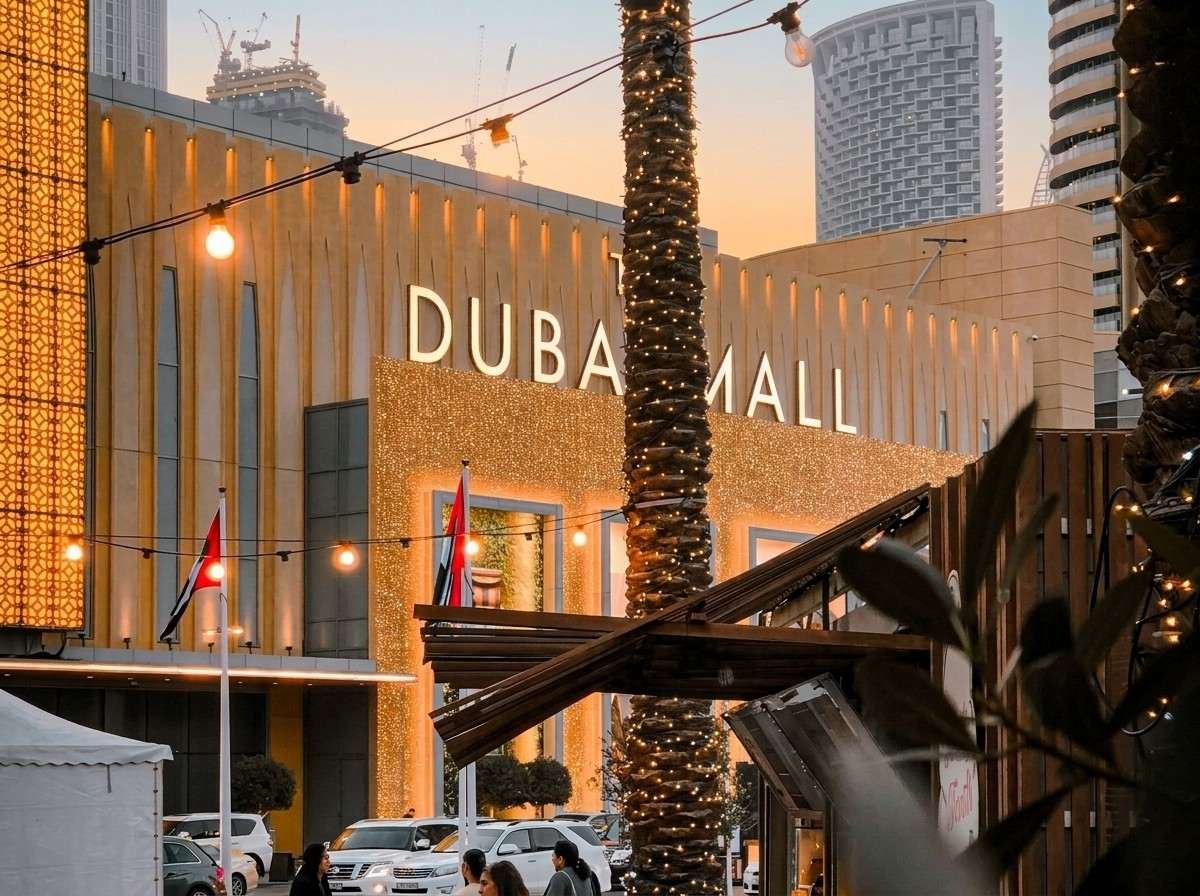 The Dubai Mall entrance signage lit up with palm trees in the foreground at dusk