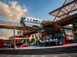 An elevated monorail train arriving at a station above a waterfront promenade lined with shops
